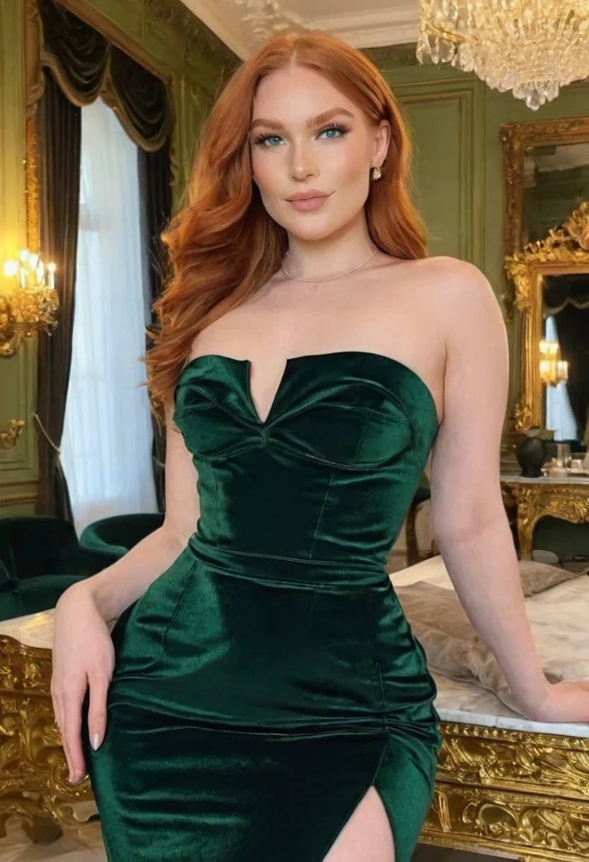 (high quality:1.5), (((8k))), extremely detailed, (High detail:1.2), Solo, (HotLexi Woman)), 24 year old Dutch redhead female, (Green natural eyes), ((perfect anatomy)), (in mansion), (black luxury dress strapless with gold details),