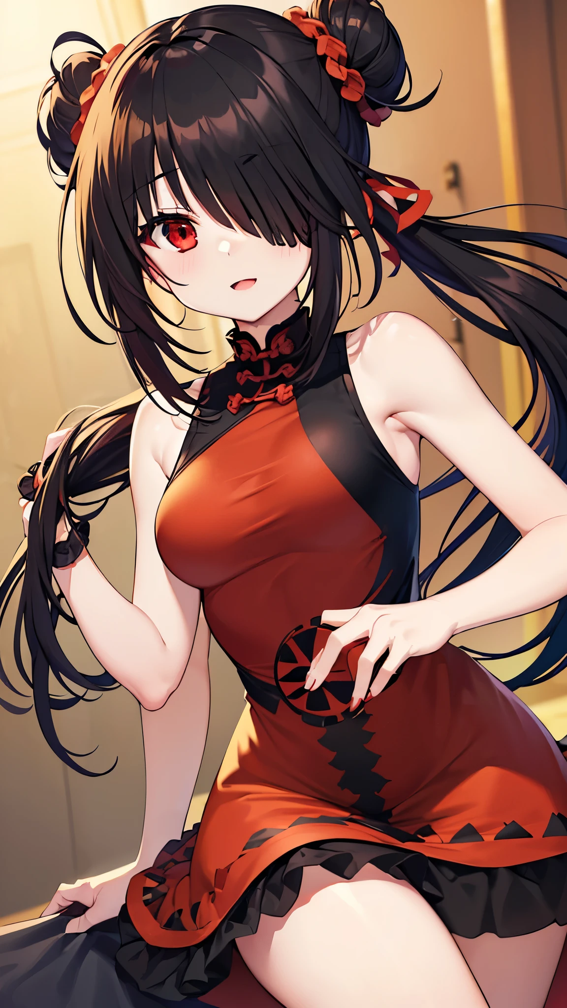 tokisaki kurumi, black hair, low twintails, (hair over one eye:1.5), (red eyes:1.2), (small breast:1.2), bare shoulders, thighs, detached sleeves, hair bun, double bun, chinese clothes, china dress