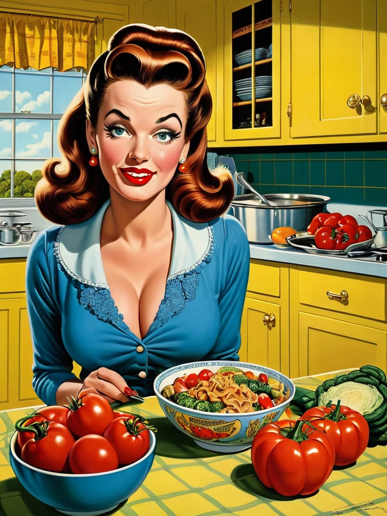 a woman in a kitchen with a bowl of food and a plate of vegetables, ( art fitzpatrick ), comic pinup style, robert crumb photorealism, terry moore, by Mark Brooks, cooking, by Jason Edmiston, pinup art, 1950s illustration style, inspired by Robert Crumb, robert crumb style, by Art Fitzpatrick, Don Lawrence retro comic art style