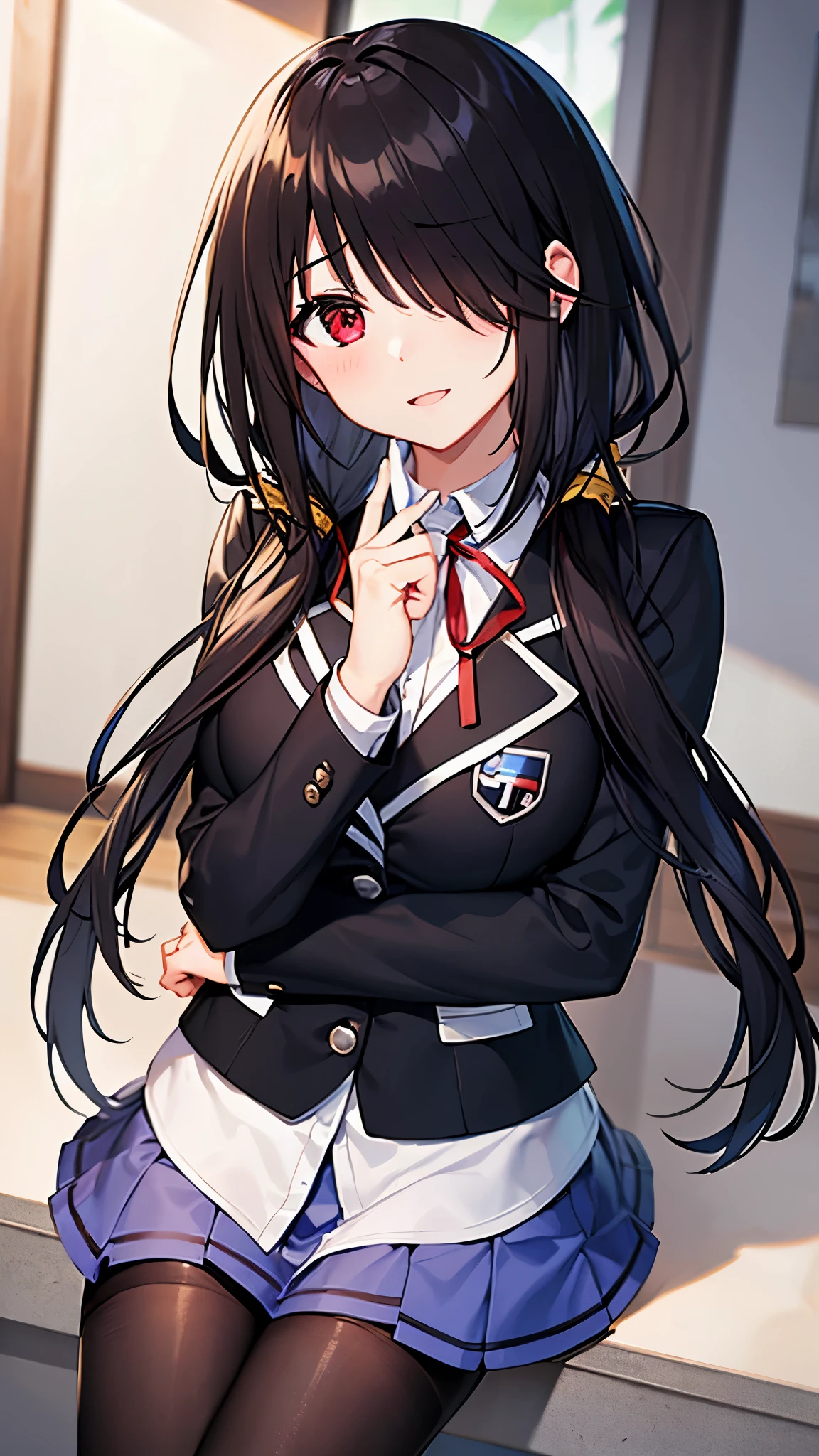 KurumiSchool, low twintails, hair over one eye, , black jacket, blue skirt, neck ribbon, black pantyhose,