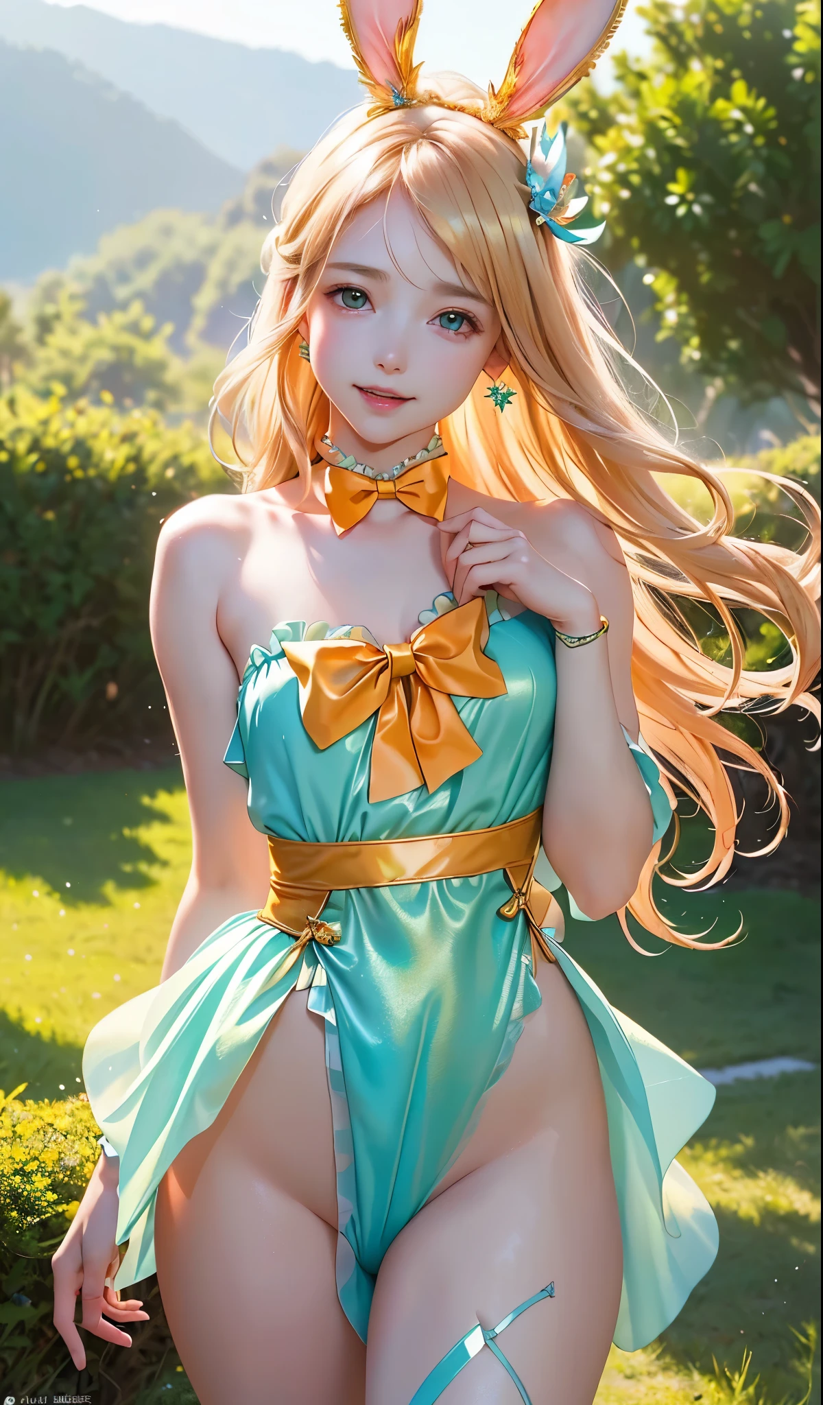 masterpiece, best quality, extremely detailed CG unity 8k wallpaper, (Upper Body head close-up shot of a beautiful ***********), , Elegant Long straight blonde hair, (Mckenna Grace), (flat chest,thighs), (orange-Cyan) golden (Glittering tutu,long Bunny Ear Headgear, , Bow-tie, No panties, genitals visible), (), (Blush), oil skin, (seductive smile), (Wonderland), pretty face, key art, award winning, intricate detail realism hdr, by (ruan jia and artgerm and range murata), Photorealism, Hyperrealism, ultra realistic, dramatic light, intense shadows, gorgeous view, depth of field
 
