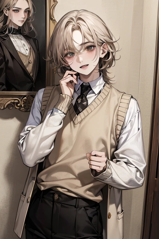 obra de arte, high resolution, Melhor qualidade, Sozinho, 1 homem, cabelo curto, Cabelo castanho claro, olhos castanhos claros, sorriso facial, camisa branca, beige sweater vest, Black pants, Blazer Preto