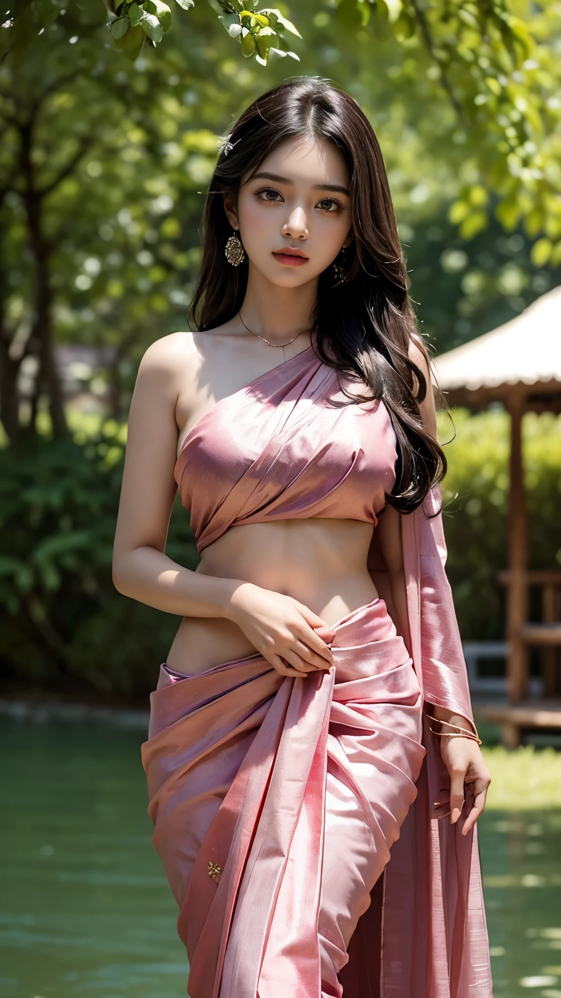 Indian desi beautiful girl in saree fully covered, (masterpiece:1.3), (8k, photorealistic, best quality: 1.4), detailed, symmetric face, beautiful eyes, anime style, Indian city 