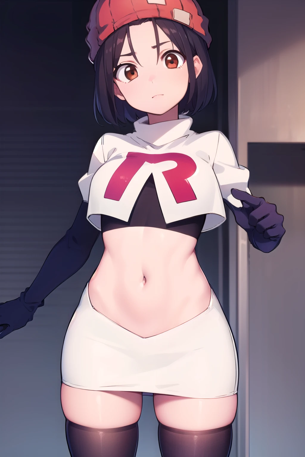 fuukoizumo, fuuko izumo, black hair, hair between eyes, (brown eyes:1.5), short hair,
BREAK team rocket,team rocket uniform, red letter R, white skirt,white crop top,black thigh-highs,black elbow gloves, beanie, (red beanie:1.2),
BREAK looking at viewer, (cowboy shot:1.5),
BREAK (masterpiece:1.2), best quality, high resolution, unity 8k wallpaper, (illustration:0.8), (beautiful detailed eyes:1.6), extremely detailed face, perfect lighting, extremely detailed CG, (perfect hands, perfect anatomy),