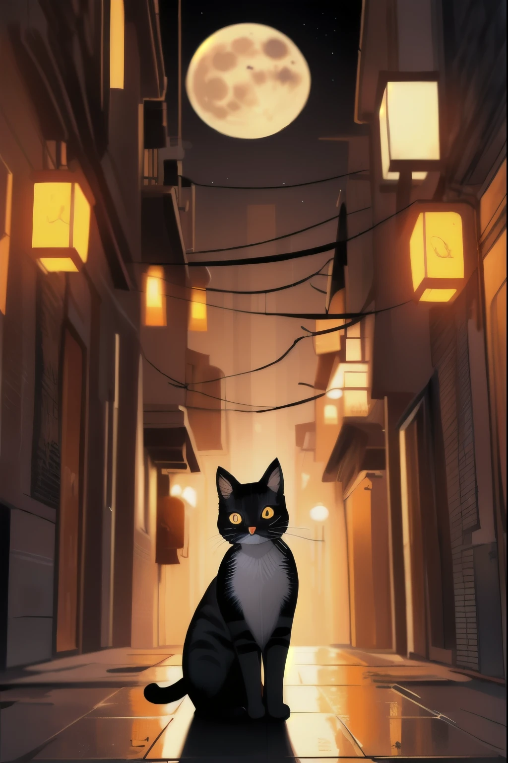 cat,orange,cute,big eyes,masterpiece,full moon,alley