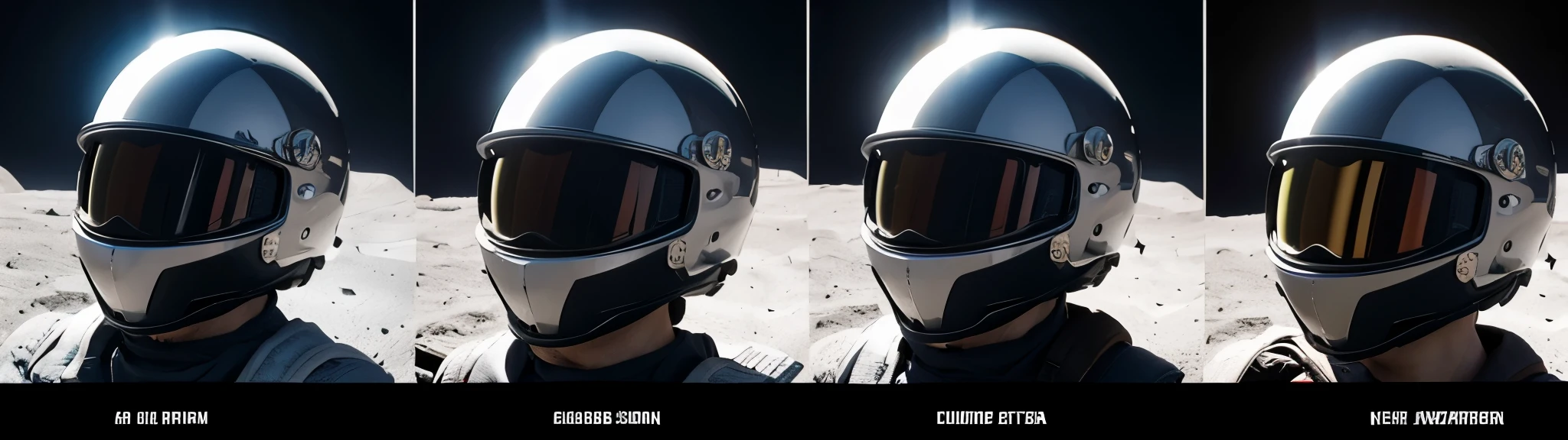 Several cool helmets on the moon,Colored lens reflections,Each helmet has a different style