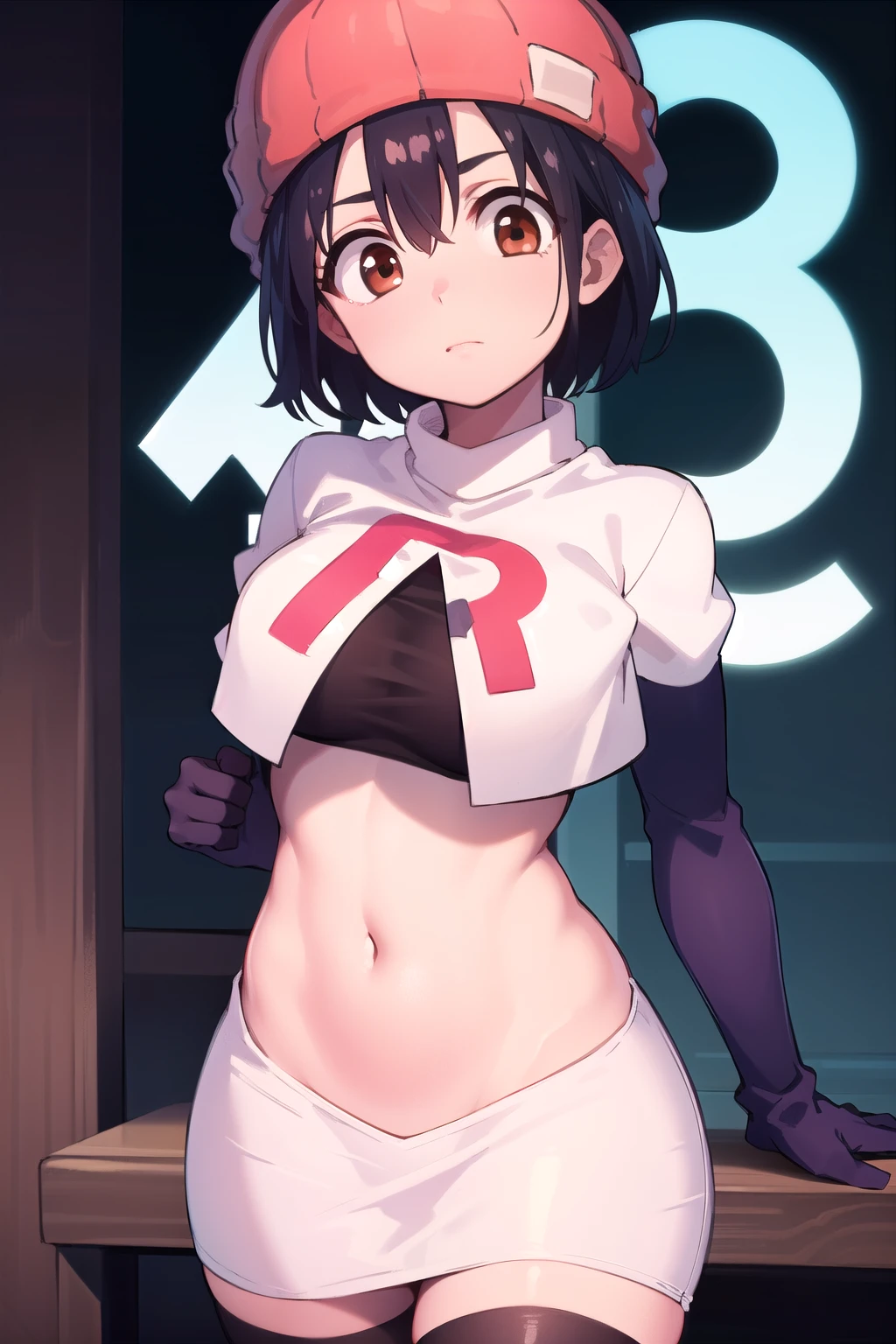 fuukoizumo, fuuko izumo, black hair, hair between eyes, (brown eyes:1.5), short hair,
BREAK team rocket,team rocket uniform, red letter R, white skirt,white crop top,black thigh-highs,black elbow gloves, beanie, (red beanie:1.2),
BREAK looking at viewer, (cowboy shot:1.5),
BREAK (masterpiece:1.2), best quality, high resolution, unity 8k wallpaper, (illustration:0.8), (beautiful detailed eyes:1.6), extremely detailed face, perfect lighting, extremely detailed CG, (perfect hands, perfect anatomy),