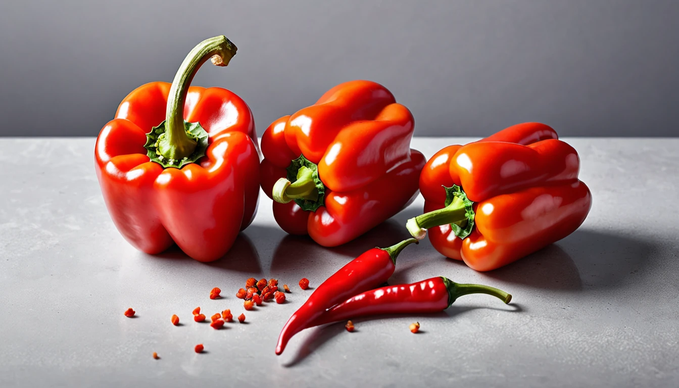 The picture is bright,Theme Red Pepper,Interesting arrangement,light gray background,best quality, masterpiece, representative work, official art, professional, unified 8k