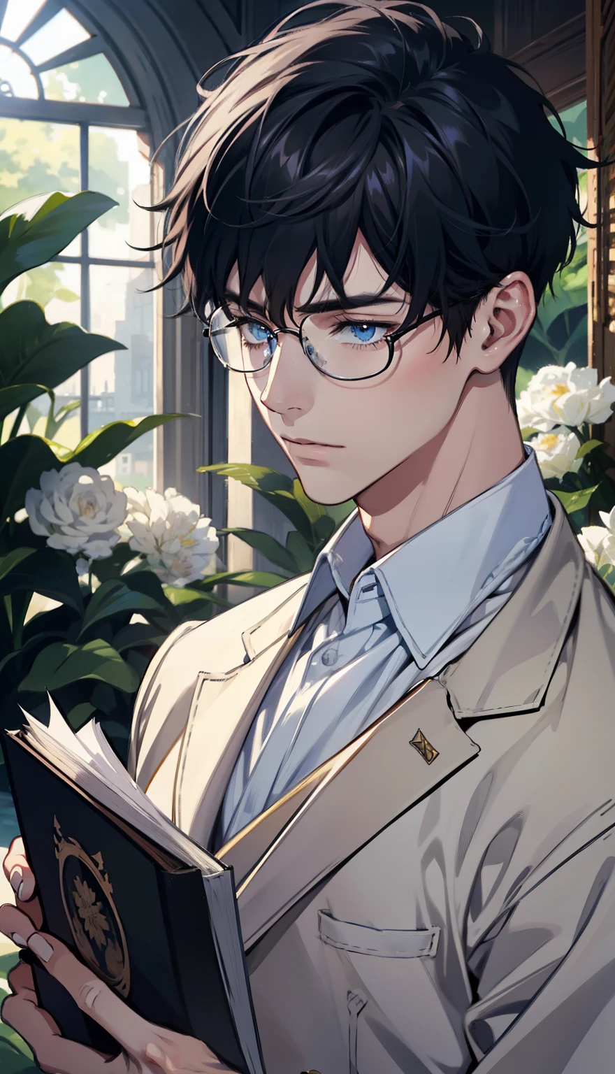 1 boy，male，young people，pale boy，plant，flowers，Low screen contrast，high brightness，Black hair，Glasses，blue eyes，soft light lighting，soft focus，, anime big breasts, Impressionism, movie lighting, close up, ultra high definition, masterpiece, high detail，book