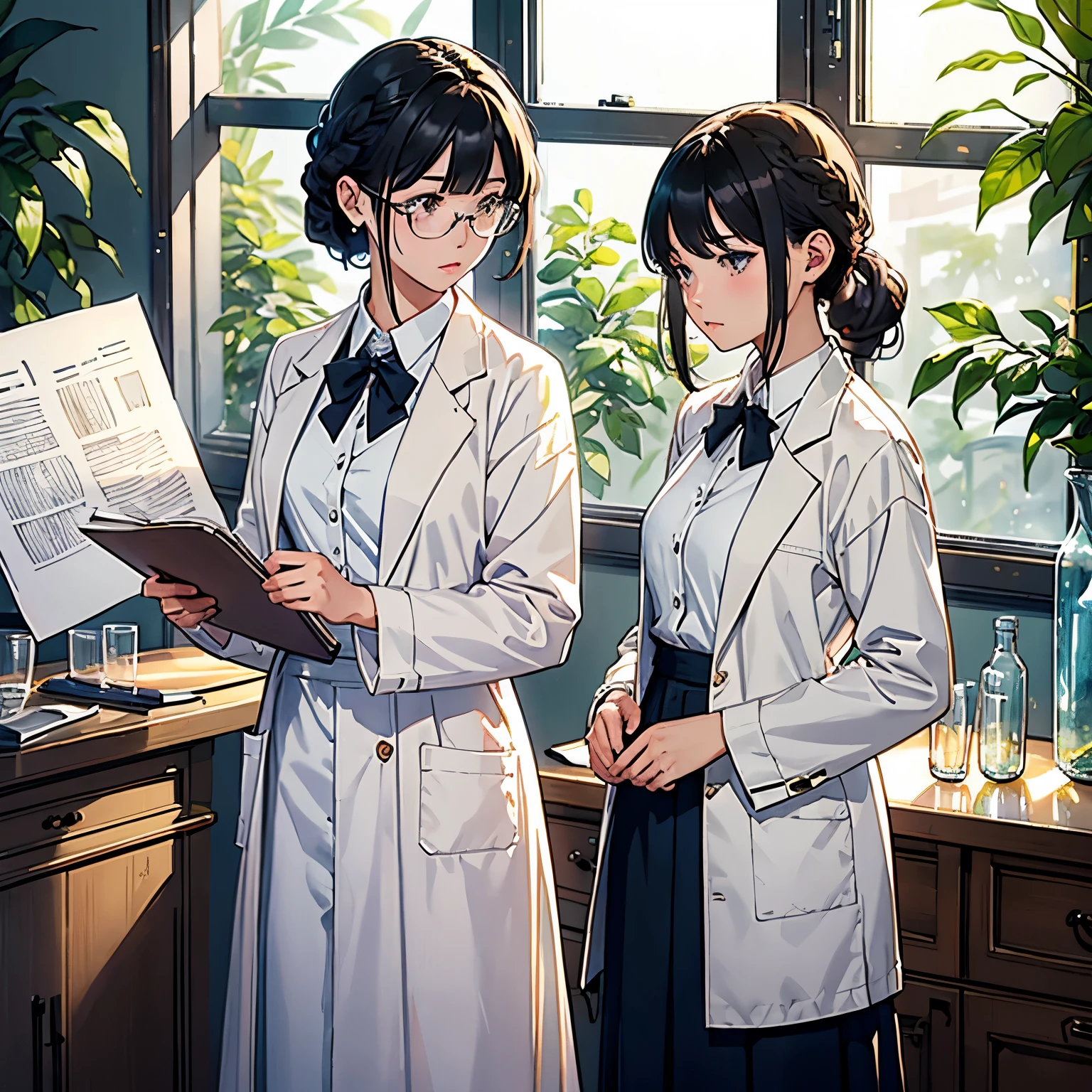 (highest quality、masterpiece、High resolution)、(Sargent style watercolor)、(anime art)、soft light、((two women))、((The two are talking while looking at documents.))、17 years old、18-year-old、medium short hair、semi-long、hair up、black hair、dark brown hair、braided hair、glasses、detailed depiction of the face、small breasts、uniform、long skirt、((wearing a white coat))、白いブラウスとlong skirt、Institute of Earth Sciences、鉱物標Book、昆虫標Book、化石標Book、標Book棚、Book、Book棚、Laboratory instrument、test tube、beaker、flask、Alcohol lamp、Labware、Floral、vase、window、Foliage plant、 blur the background、