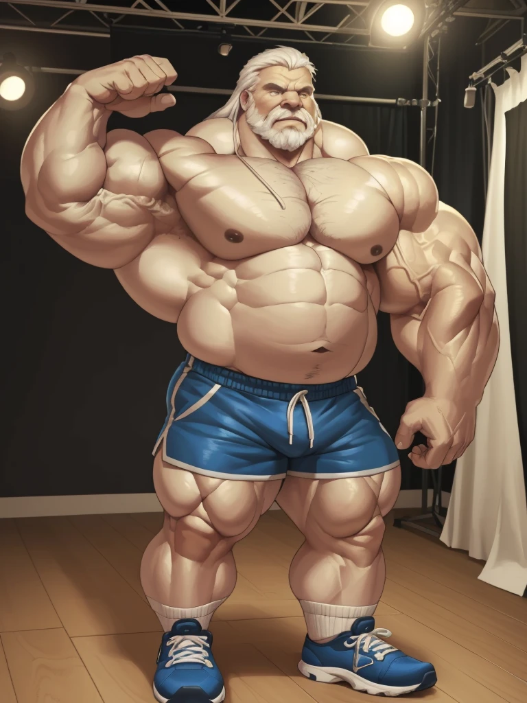 (best quality,4k,8k,highres,masterpiece:1.2),ultra-detailed,(realistic,photorealistic,photo-realistic:1.37),((massive muscular)) ((huge Muscular)) chubby old man standing in photo studio, simple background, flexing muscle, shorts and shoes, white hair, super thick arms, super big pectoral, super wide pectoral, topless, shirtless