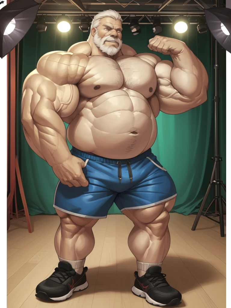 (best quality,4k,8k,highres,masterpiece:1.2),ultra-detailed,(realistic,photorealistic,photo-realistic:1.37),((massive muscular)) ((huge Muscular)) chubby old man standing in photo studio, simple background, flexing muscle, shorts and shoes, white hair, super thick arms, super big pectoral, super wide pectoral, topless, shirtless