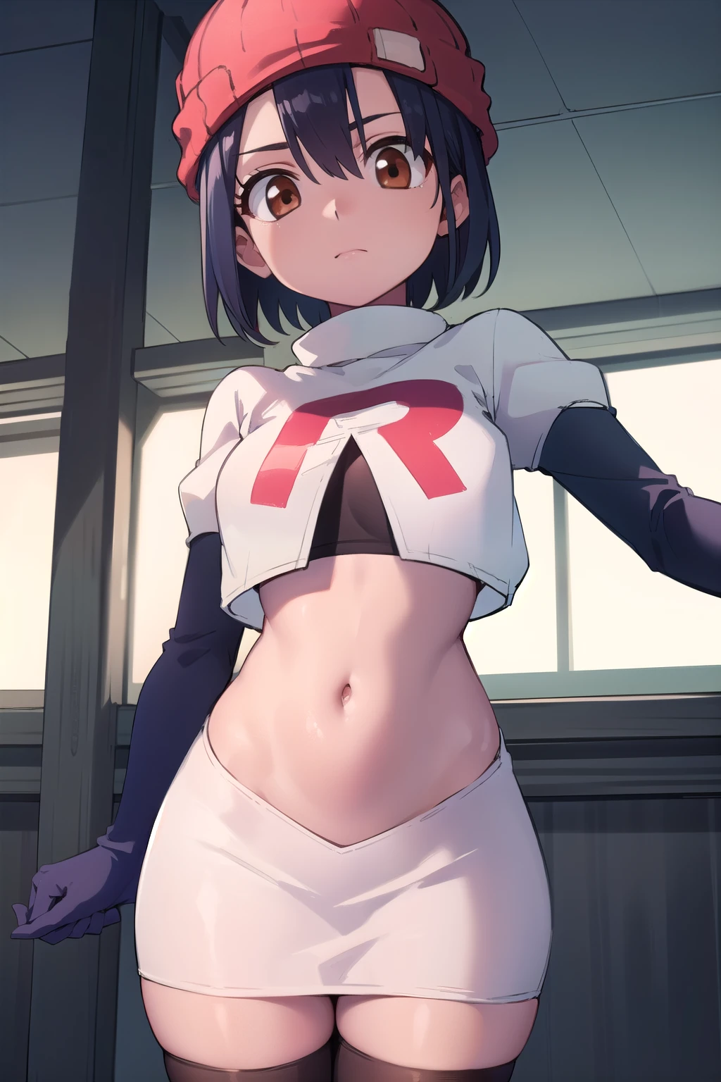 fuukoizumo, fuuko izumo, black hair, hair between eyes, (brown eyes:1.5), short hair,
BREAK team rocket,team rocket uniform, red letter R, white skirt,white crop top,black thigh-highs,black elbow gloves, beanie, (red beanie:1.2),
BREAK looking at viewer, (cowboy shot:1.5),
BREAK (masterpiece:1.2), best quality, high resolution, unity 8k wallpaper, (illustration:0.8), (beautiful detailed eyes:1.6), extremely detailed face, perfect lighting, extremely detailed CG, (perfect hands, perfect anatomy),