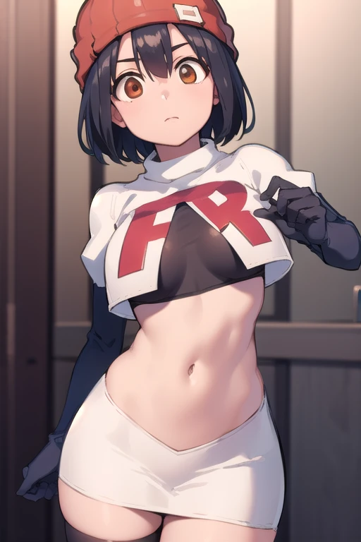 fuukoizumo, fuuko izumo, black hair, hair between eyes, (brown eyes:1.5), short hair,
BREAK team rocket,team rocket uniform, red letter R, white skirt,white crop top,black thigh-highs,black elbow gloves, beanie, (red beanie:1.2),
BREAK looking at viewer, (cowboy shot:1.5),
BREAK (masterpiece:1.2), best quality, high resolution, unity 8k wallpaper, (illustration:0.8), (beautiful detailed eyes:1.6), extremely detailed face, perfect lighting, extremely detailed CG, (perfect hands, perfect anatomy),