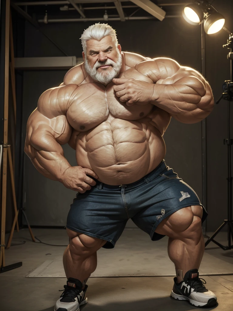 (best quality,4k,8k,highres,masterpiece:1.2),ultra-detailed,(realistic,photorealistic,photo-realistic:1.37),((massive muscular)) ((huge Muscular)) chubby old man standing in photo studio, simple background, flexing muscle, shorts and shoes, white hair, super thick arms, super big pectoral, super wide pectoral, topless, shirtless, cute face, cute expression 