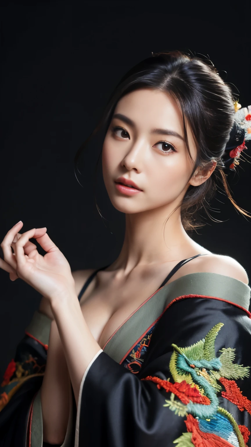 (masterpiece:1.2), super detailed, ultra high resolution, (realistic, photo realistic:1.37), High-definition RAW color photos, professional photos, very delicate and beautiful, very detailed, finely, huge file size, very detailed beautiful girl, very detailed face, very detailed eyes, very detailed skin, very detailed nose, very detailed mouth, perfect anatomy, very detailed背景, (famous japanese actress:1.2), (Improve:1.1), (flat chest:1.2), dynamic lighting, steampunk, full body, (dragon embroidery kimono:1.3), black background, bare shoulders, (dynamic pose:1.1), armpit, (dynamic pose:1.3)