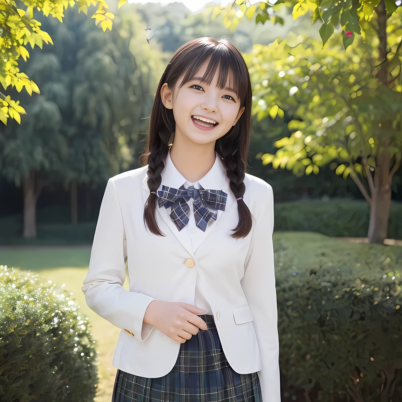 (highest quality、masterpiece:1.2)、highest quality、realistic、photograph、High resolution、1080p、8K、The face is especially pale., physical rendering、((Height: 155cm)), one Japanese girl、((Siren in the form of a 15-year-old Japanese junior high school student)), ((((Siren in the form of a beautiful girl fashion model from a Japanese magazine)))), , (((big very detailed beautiful dark brown eyes))), ((blue girly large wine-red glossy polyester Japanese school ribbon bow tie)), (((black beautiful long twin braids hair))), ((((deep blue colored tartan checkered formal long pleated pleated skirt)))), ((A unpatterned formal dark blue blazer in solid that is slightly oversized and has an emblem on the left chest.)), ((((((laughing at me!)))))), mouth is open, The large blazer and skirt are very cute., detailed fingers, Slender body, ((curled bangs)), so beautiful, long eyelashes, ((Very big and very very very cute eyes of a Japanese girl)), ((large pupils)), double eyelids, The entire skirt is photographed, thin eyebrows, ((drooping eyes)), ((long eyelashes)), ((cute lovely lovely laughing laughing cheeks)), ((Pure white light hits her face from above and in the front, making her skin and eyes shine beautifully.)), ((Strong light hits the nose and cheeks、It brings out the richness of the expression.)), (((((Her face is expressive, pure and very intelligent.))))), (((She is bringing me to the deep depth of dark chapel)))