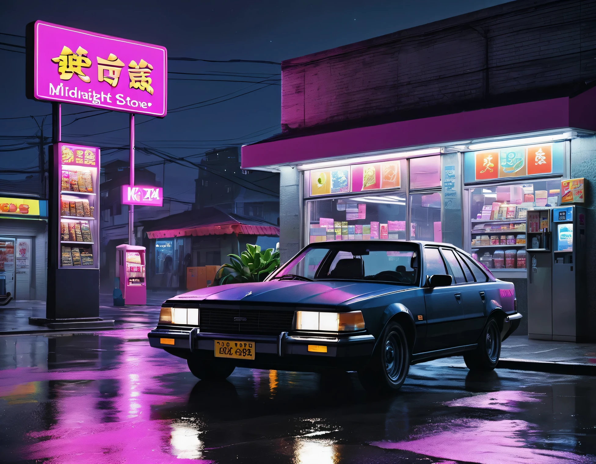 general shot, ((large midnight convenience store from another world, another planet, futuristic, with aliens buying: 1.5)), (town, street at midnight, wind: 1.3, flying papers: 1.3, puddles of water in the streets:1.3, car parking, ((sign with text, "24 hour store" in neon magenta:1.3)), street lamps lighting, heavy rain, dark and cold night:1.3), masterpiece, hyper realistic, highly detailed and well defined, award-winning image, beautiful photography, CG K: 1.4, 8k