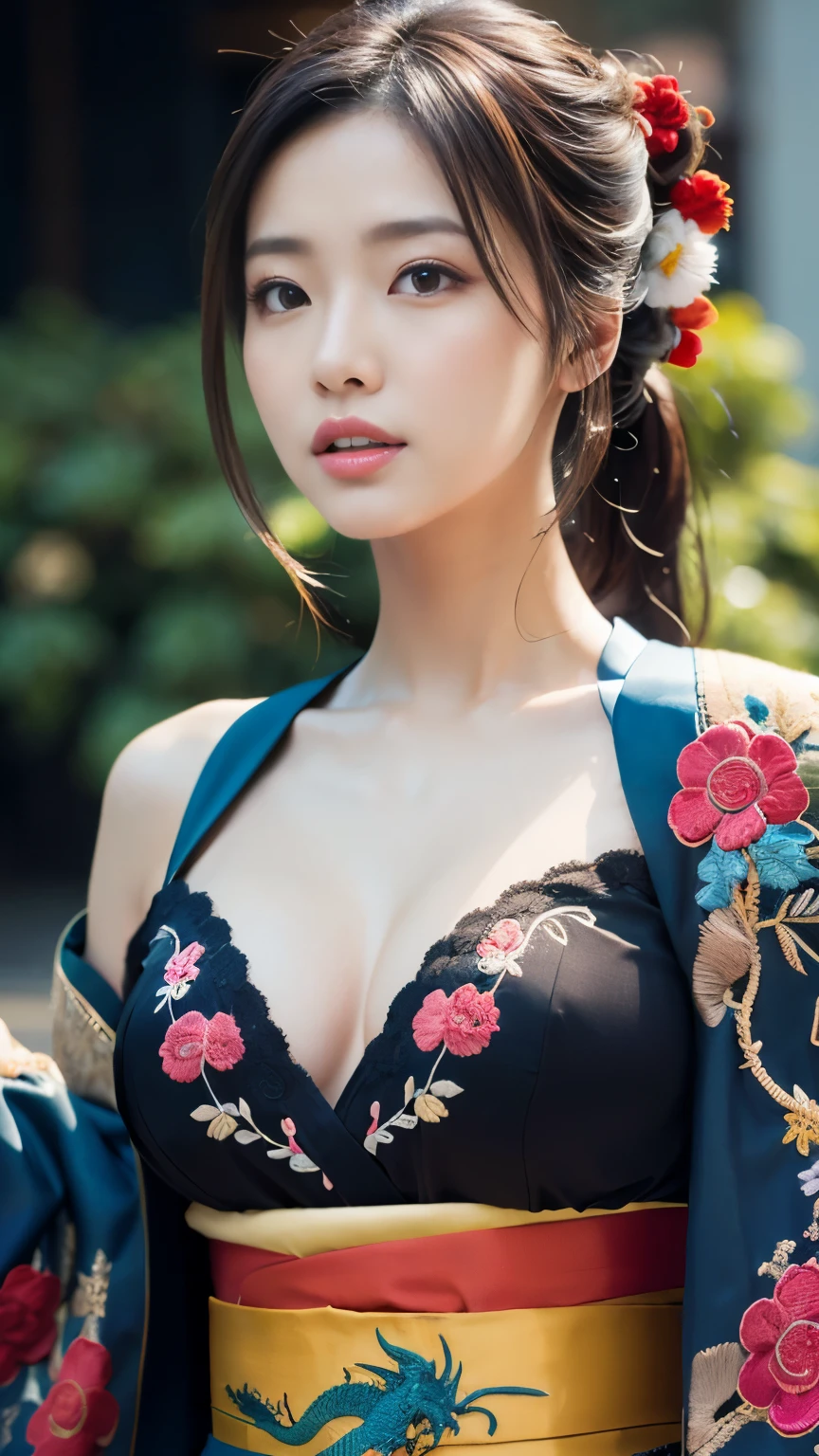 (masterpiece:1.2), super detailed, ultra high resolution, (realistic, photo realistic:1.37), High-definition RAW color photos, professional photos, very delicate and beautiful, very detailed, finely, huge file size, very detailed beautiful girl, very detailed face, very detailed eyes, very detailed skin, very detailed nose, very detailed mouth, perfect anatomy, very detailed背景, (famous japanese actress:1.2), (Improve:1.1), (flat chest:1.2), dynamic lighting, steampunk, full body, (dragon embroidery kimono:1.3), black background, bare shoulders, (dynamic pose:1.1), armpit, (dynamic pose:1.3)