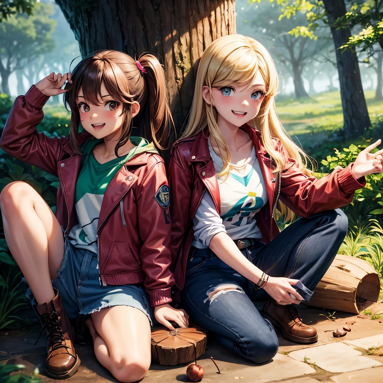 dos personas, mujer, mabel pines 20 years old, chestnut, Brown eyes, camiseta blanca, short de mezclilla, brown leather jacket, botas, laughing blushing in a forest with 20 year old Pacifica Northwest, mujer, rubia, ojos color azul, falda color rosado, blusa color morado, de Gravity falls, estilo anime