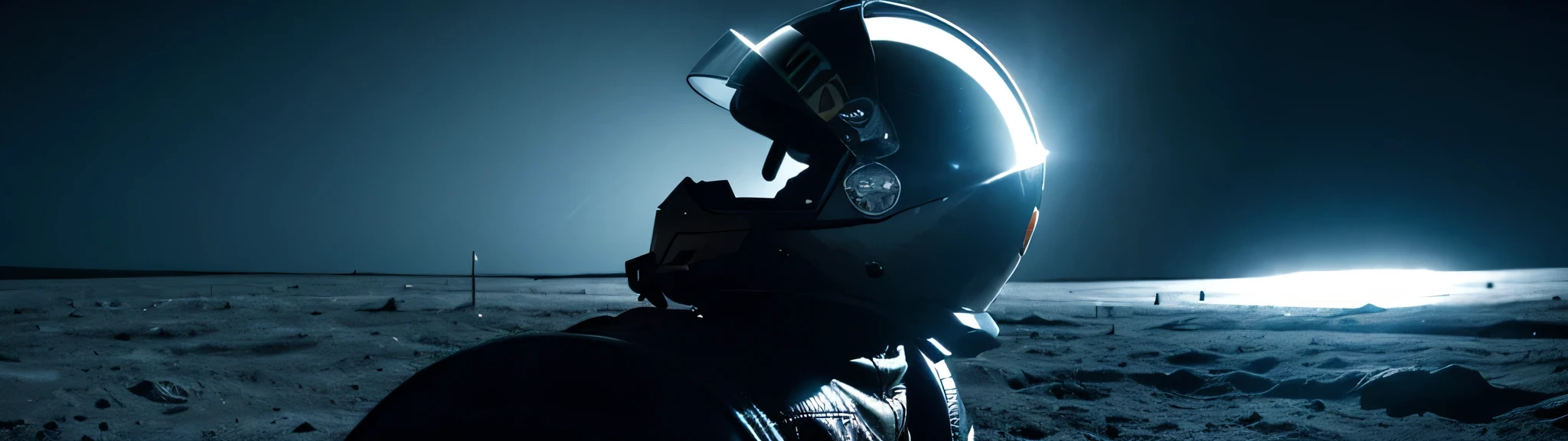 Cool helmet on the moon，Colored lens reflections，The helmet is cool and technological，Ride a cool motorcycle on the moon