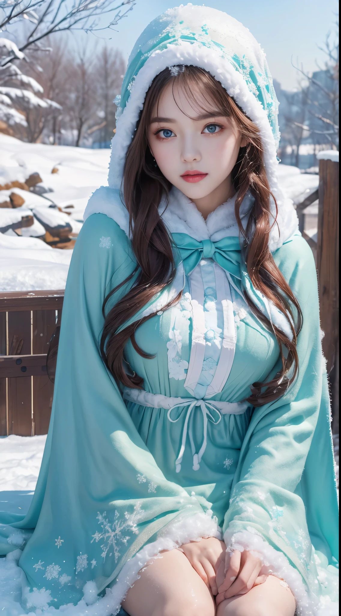 ( (8K:1.27), Best quality at best, tmasterpiece, ultra high resolution:1.2)，1 girl,Turquoise pupils，Clear face， Sitting, Beautiful lolita costume，Cloak，(Snow, Outdoor activities in winter:1.2)