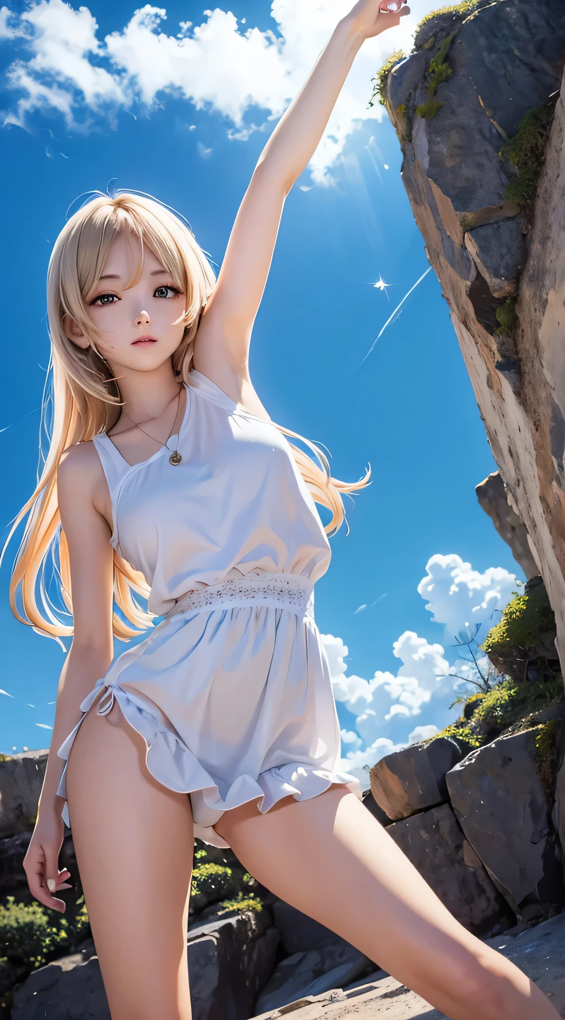 anime,High resolution,clear sky,woman,nostalgic,arm up