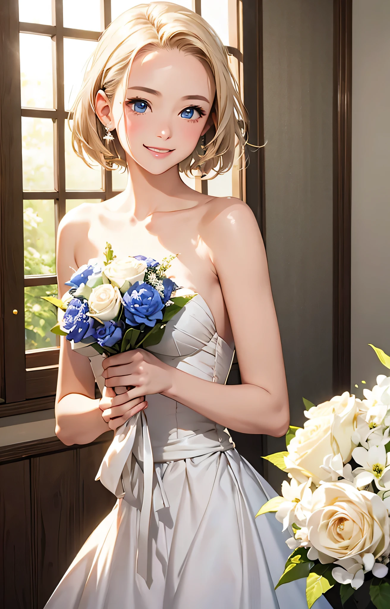 highest quality、realistic、Japanese、girl、zoom、Looking down、smile、happiness、light blue eyes、short hair、blonde hair、all back、The forehead is out、Wedding dress、holding a bouquet、bust shot、slender、small breasts、
