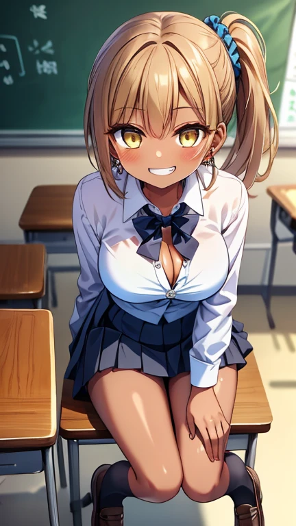 (8K、best image quality、highest quality、masterpiece)、detailed face、1 girl、Improve、((brown skin:1.3))、blonde、low ponytail、Scrunchie、yellow eyes、earrings、evil smile、((grin and laugh))、big breasts、((white collared shirt))、((open clothes))、cleavage、((black pleated skirt))、((mini skirt))、white socks、loafers、sit on a chair、whole body、taken from above、classroom background