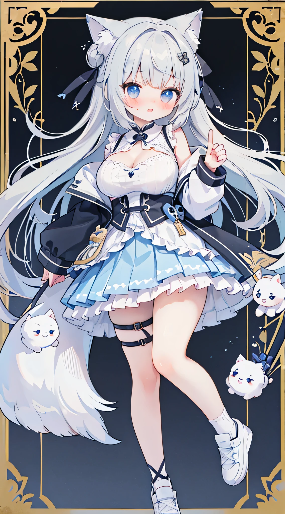 masterpiece,best quality,official art,extremely detailed CG unity 8k wallpaper, bishoujo, medium hair, grey hair, hime_cut, cat hair ornament, light blush, beautiful detailed eyes, aqua eyes, :p, naughty_face, seductive smile, embarrassed , blush, shy, v, medium breasts, between breasts, breasts apart, hanging breasts, bouncing breasts, blue eyes, white eyes,black shirt,White light sneakers,black frilled bobby loose socks,Loving eyes,White skin,Thinking about erotic things,miniskirt, skirt lift, humiliation, x-ray/cross-section/internal_cumshot, about_to_be_raped,