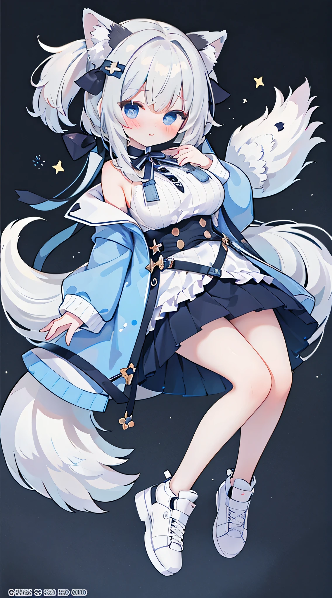 masterpiece,best quality,official art,extremely detailed CG unity 8k wallpaper, There is a big gray bow on the chest，Light blue color，Only one foot is wearing a grey sock，Grey light sneakers，alternate hair length, blush, embarrassed , nose blush , shy, huge breasts, breasts out,short pleated_skirt,  Loving eyes，White skin，Thinking about erotic things，Character cards，Silver Wolf