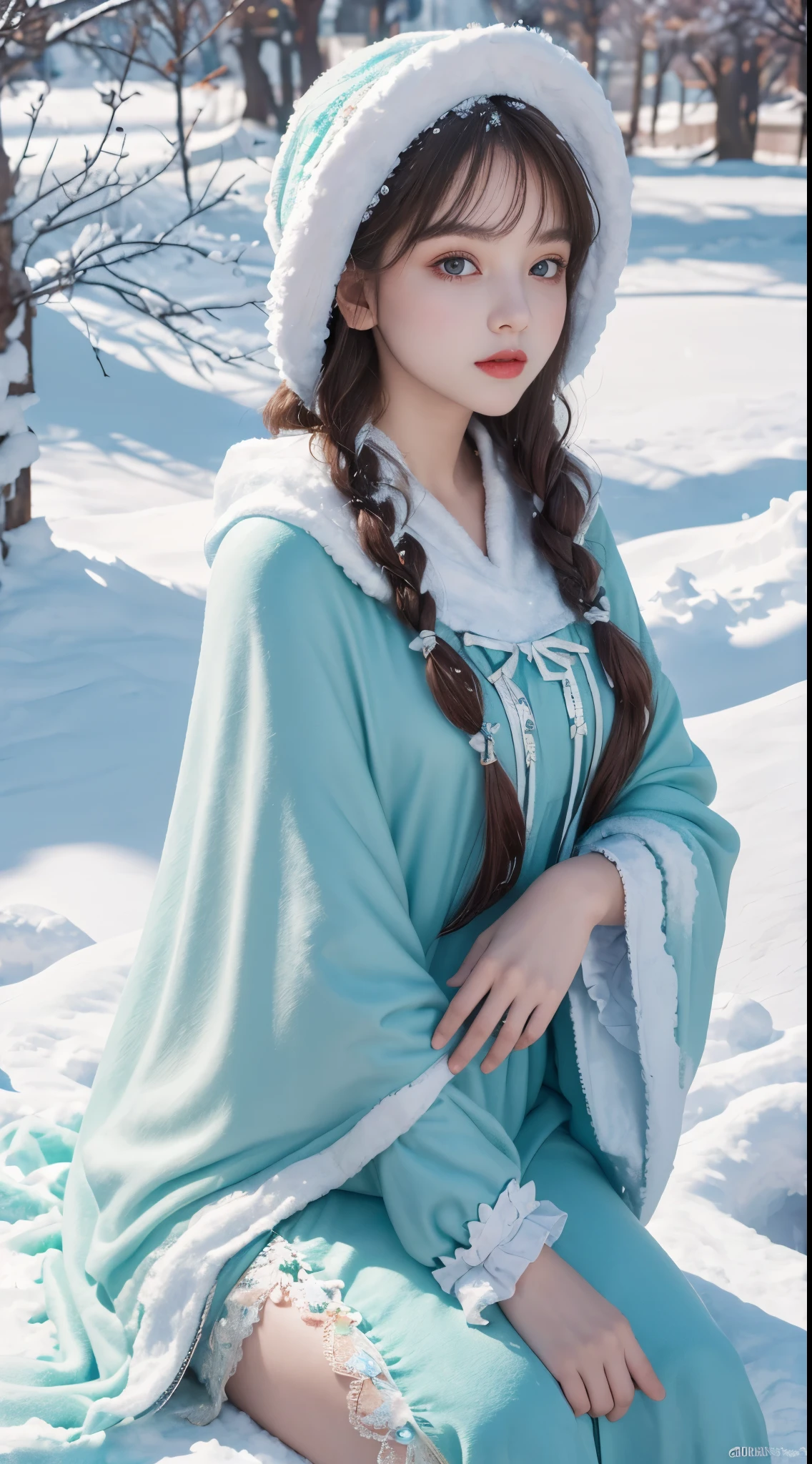 ( (8K:1.27), Best quality at best, tmasterpiece, ultra high resolution:1.2),1 girl,Turquoise pupils,Clear face, Sitting, Beautiful lolita costume,Cloak,(Snow, Outdoor activities in winter:1.2)