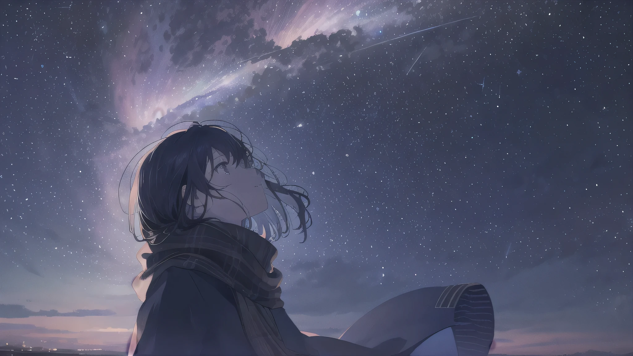 1 girl, starry sky, ,stare into the distance, looking up, get up
