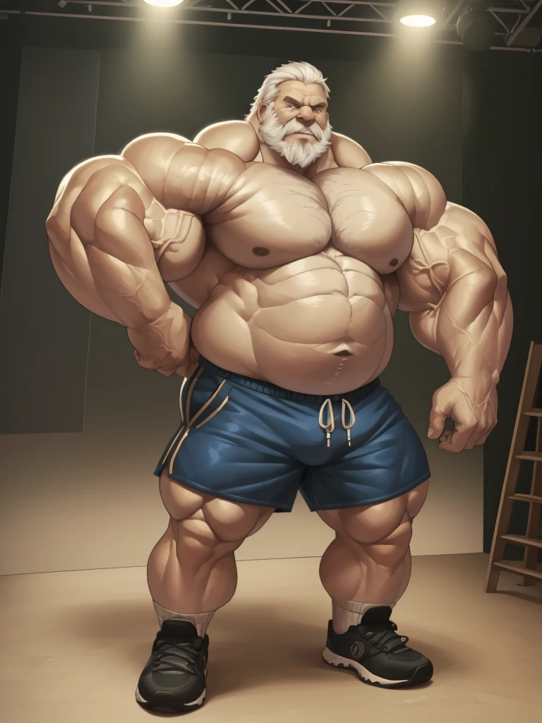 (best quality,4k,8k,highres,masterpiece:1.2),ultra-detailed,(realistic,photorealistic,photo-realistic:1.37),((massive muscular)) ((huge Muscular)) chubby old man standing in photo studio, simple background, flexing muscle, shorts and shoes, white hair, super thick arms, super big pectoral, super wide pectoral, topless, shirtless