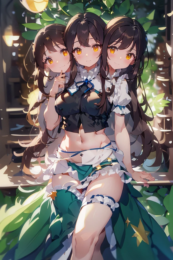 (masterpiece, best quality), best quality, (ultra-detailed), (3heads:1.5), 1girl, (star sapphire:1.3), masterpiece, best quality, ultra quality, ultra resolution, ultra detail, white top, small crop top, ((stomach)), midriff, ((groin)), open midriff, white and blue skirt, miniskirt, normal ears, shackles, dark brown hair, very long hair, wavy hair, sidelocks, yellow eyes, detailed eyes, parted lips, fairy wings, sweat, cute, open belly, toned belly, hand on own chest, eyelashes, (24 year old woman:1.3), (masterpiece:1.5), (best quality:1.5), (beautiful detailed), extremely detailed CG, extremely delicate and beautiful, depth of field, (finely detailed face), (perfect details:1.2), (mature female:1.3), wide pelvis, slender, large veiny breast, 16k resolution, highres, high quality, high definition, extremely detailed, masterpiece, dark brown hair, long hair, alluring presence, braid, short skirt, close up, big tits, young, blue ribbon attached to the hair, butterfly-shaped wings, open belly, midriff, nsfw,