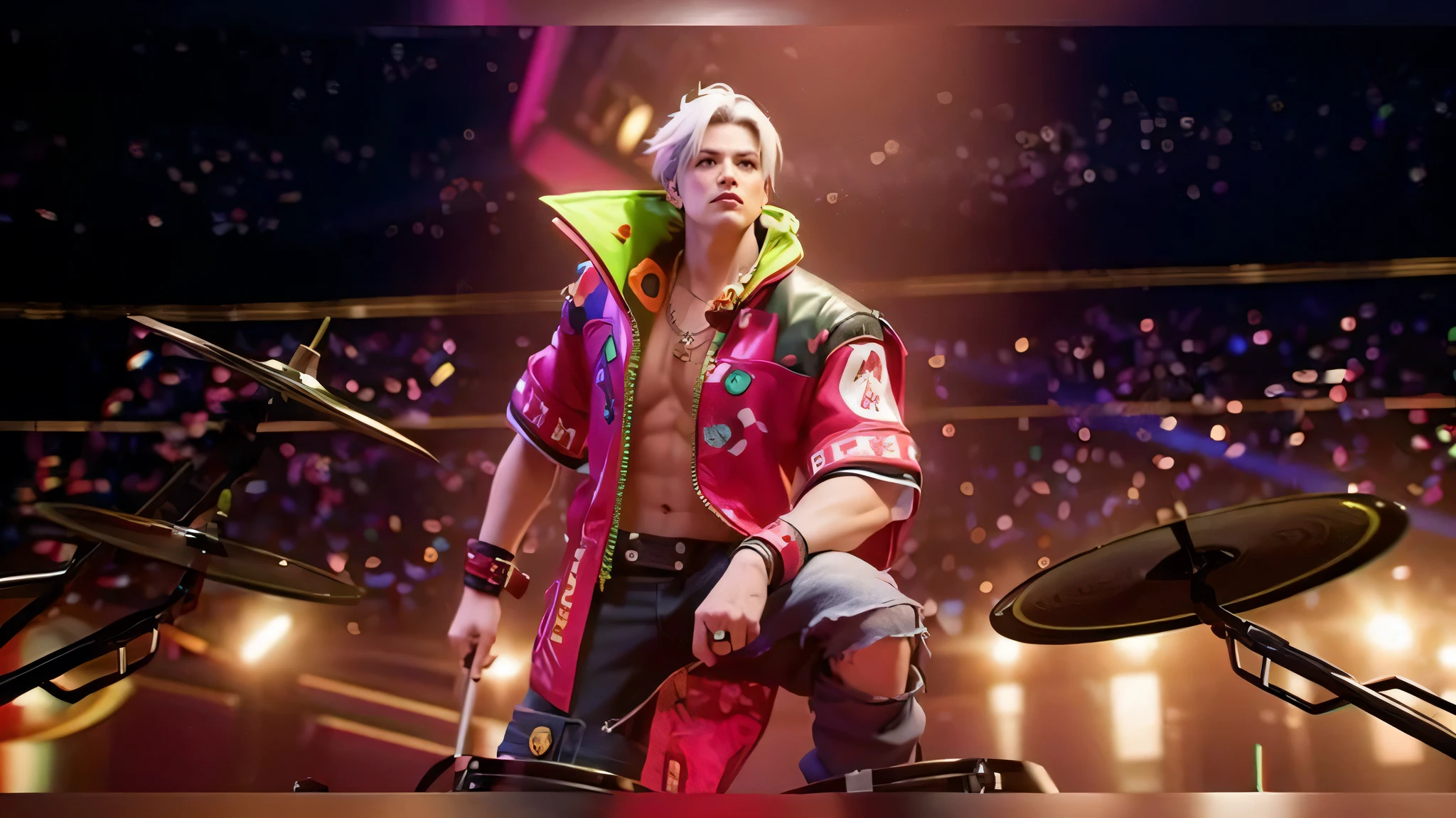 a close up of a person standing on a stage with a drum, as a character in tekken, xqc, character from king of fighters, in the style of sifu 🔥 😎 🕹️ 👀 :2, fighting game character, thancred waters in style of wlop, king of fighters style, 8k artgerm bokeh, he is a rockstar