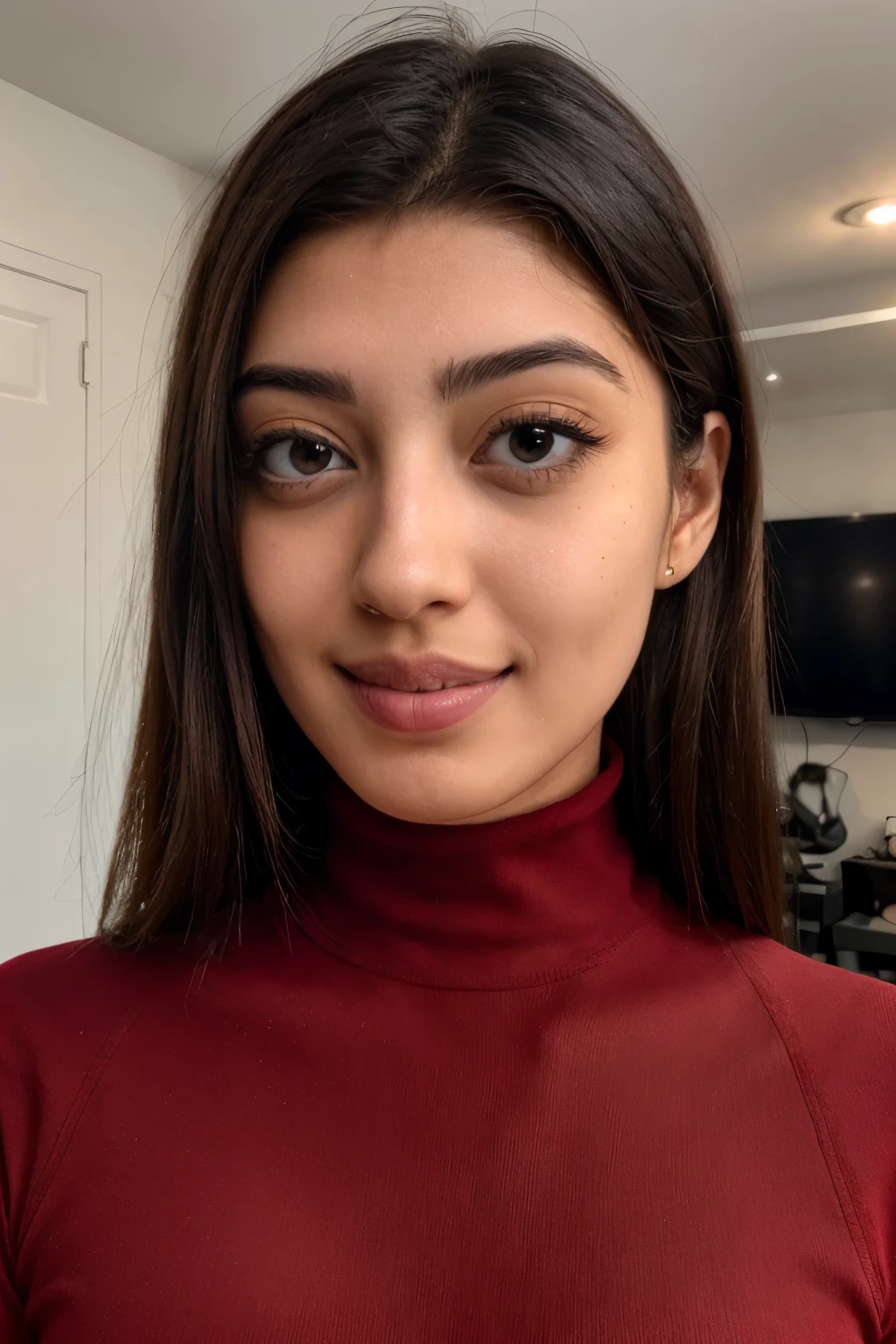 pr4n1,  face closeup, red turtleneck,   looking at viewer,    