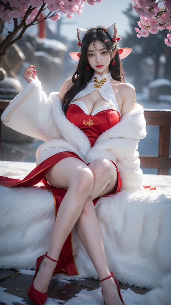 cheshire role play costume, role play, skirt, Chinese clothes, Raise your legs high, fur shawl, cat ears, hair accessories, red high heels, Deep in Wonderland,The moonlight falls like water,foggy room,The heroine's figure is vaguely visible,Like a fairy in a painting,Slender sexy legs,beautiful big breasts而又带着一丝mystery的色彩。Her face is beautiful and delicate,Like a finely carved jade,Showing extraordinary beauty。Picturesque eyebrows,Eyebrows grow to the temples,The waves in my eyes are like twinkling stars,Show the light of perseverance and wisdom。The bridge of the nose is straight,Lip color like cherry,The slightly raised corners of the mouth reveal confidence and calmness。her face is chiseled,Skin like jade,Reveal a healthy glow,Not like a fairy'Not worldly。Her makeup is light and delicate,Not too much embellishment,But enough to show her temperament and charm。Light foundation highlights the translucence of the skin,A light eyebrow pencil outlines her perfect eyebrow shape,Eye makeup is eye shadow and eyeliner,Make her eyes brighter and more energetic。嘴唇涂上grace的口红,Add a touch of charm and sophistication。她的衣服grace别致,Dressed in white, more beautiful than snow,Clothes fluttering,It seems like it will be blown up by the wind at any time,drifting into the distance。Beautiful embroidery patterns on clothes,既不失grace,Also showed off her extraordinary skills。A wide belt is tied around the waist,There is a crystal clear jade pendant hanging on it,Swinging with her movements。Her hair is tied back casually,Secure it with a hosta,A few strands of hair flutter gently in the wind,Adds a bit of softness。Her figure is looming in the fairyland,宛如一道beautiful big breasts的风景线,Big breasts,A little saggy, showing cleavage,Attracted everyone's concern。She seems to be an elf in fairyland,beautiful big breasts、grace、mystery、and full of power。