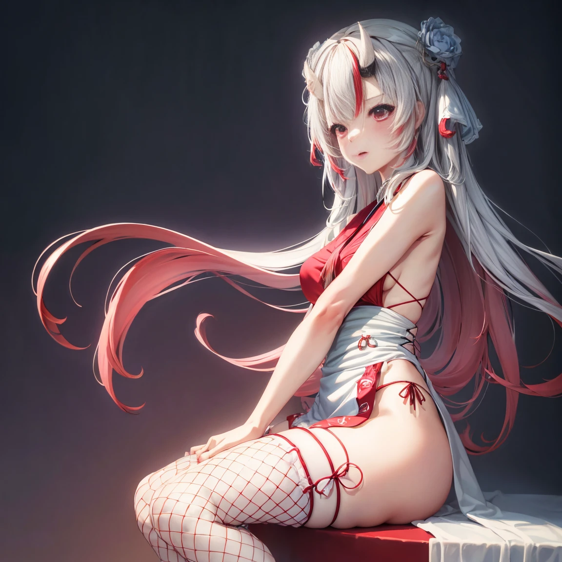 Anime girl sitting on chair, cute anime waifu in beautiful dress, azur lane style, Guweiz in Pixiv ArtStation, trending on artstation pixiv, Guweiz on ArtStation Pixiv, Anime goddess, onmyoji, trending on cgstation , anime style4 K, Guviz, perfect body, perfect breasts,((Best quality, 8k, Masterpiece :1.3)), Sharp focus :1.2, lewd face and holding a condom, ((hand between legs)), wearing legs, fishnet stockings, perfect face, apron, nude, no underwear, slightly bent,hand between the legs, show pantie