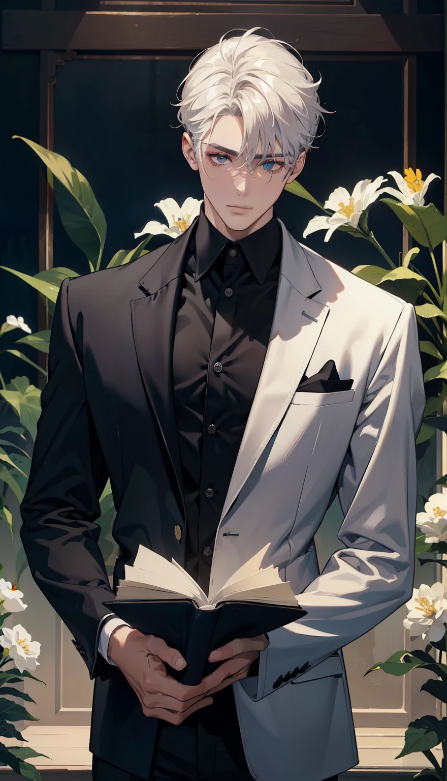 1 menino,Macho,pale young boy,plantar,flores,Baixo contraste de tela,Claridade alta,cabelo preto,copos,olhos azuis,soft light illumination,foco suave,, Anime Seios grandes, Impressionism, film lighting, fechar-se, ultra high definition, obra de arte, Alto detalhe,livro
