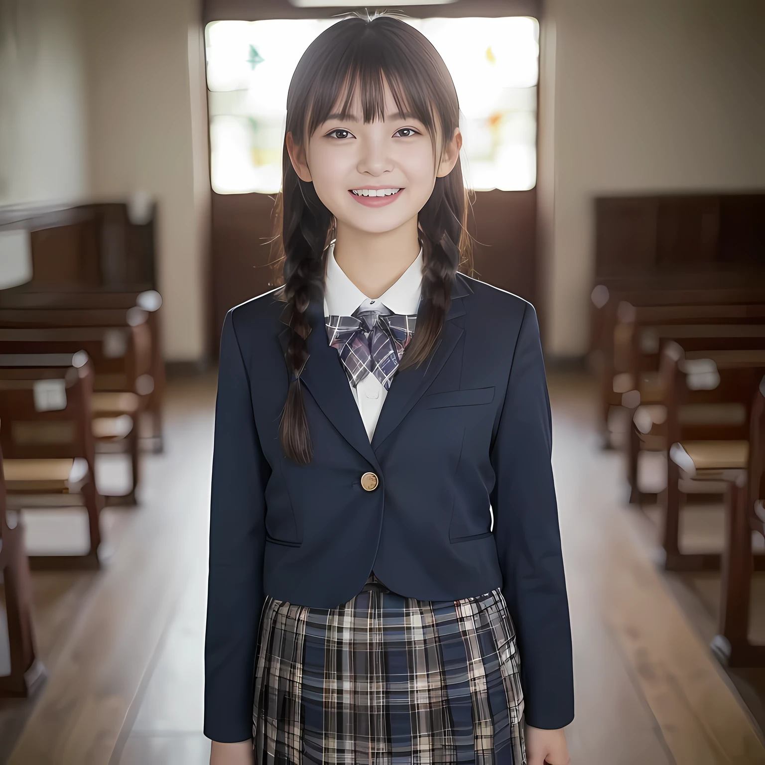 (highest quality、masterpiece:1.2)、highest quality、realistic、photograph、High resolution、1080p、8K、The face is especially pale., physical rendering、((Height: 155cm)), one Japanese girl、((Siren in the form of a 15-year-old Japanese junior high school student)), ((((Siren in the form of a beautiful girl fashion model from a Japanese magazine)))), , (((big very detailed beautiful dark brown eyes))), ((blue girly large wine-red glossy polyester Japanese school ribbon bow tie)), (((black beautiful long twin braids hair))), ((((deep blue colored tartan checkered formal long pleated pleated skirt)))), ((A unpatterned formal dark blue blazer in solid that is slightly oversized and has an emblem on the left chest.)), ((((((laughing at me!)))))), mouth is open, The large blazer and skirt are very cute., detailed fingers, Slender body, ((curled bangs)), so beautiful, long eyelashes, ((Very big and very very very cute eyes of a Japanese girl)), ((large pupils)), double eyelids, The entire skirt is photographed, thin eyebrows, ((drooping eyes)), ((long eyelashes)), ((cute lovely lovely laughing laughing cheeks)), ((Pure white light hits her face from above and in the front, making her skin and eyes shine beautifully.)), ((Strong light hits the nose and cheeks、It brings out the richness of the expression.)), (((((Her face is expressive, pure and very intelligent.))))), (((((bringing me to the deep depth of dark chapel!)))))