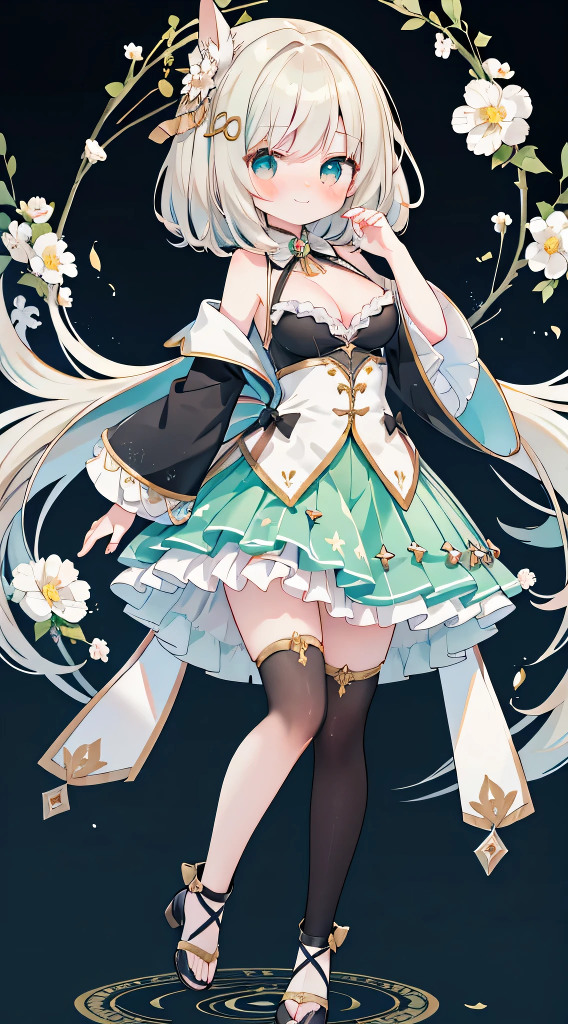 masterpiece,best quality,official art,extremely detailed CG unity 8k wallpaper, bishoujo, medium hair, shiny hair, white hair, parted bangs, light blush, beautiful detailed eyes, aqua eyes, embarrassed , nose blush , shy, seductive smile, blush, white eyes, small breasts, between breasts, breasts apart, hanging breasts, bouncing breasts,light Matcha green shorts under skirt,black miniskirt, 80D high-quality white stockings with white edges，