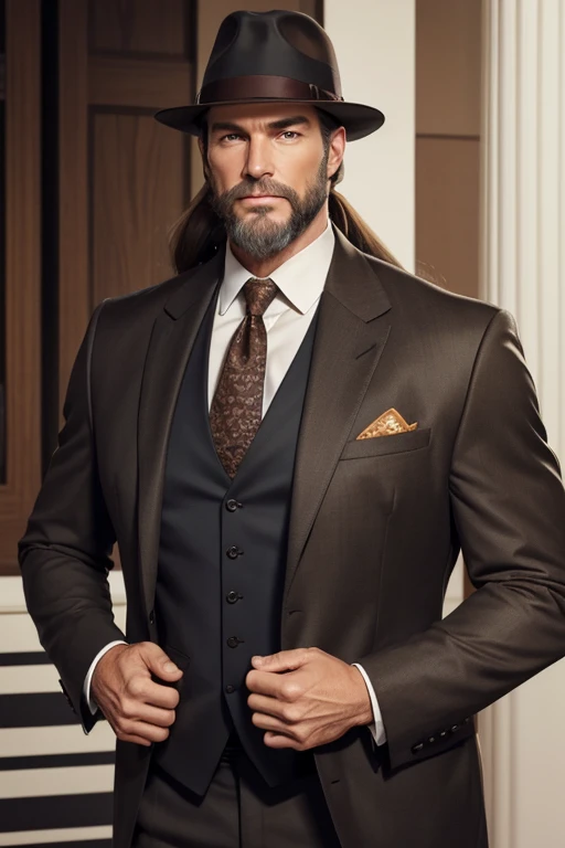 Caucasian male, 47 years old, very tall, long brown hair worn in a ponytail, chinstrap beard graying at the chin. hazel green eyes, narrow shoulders, strong musculature. three piece suit and fedora.