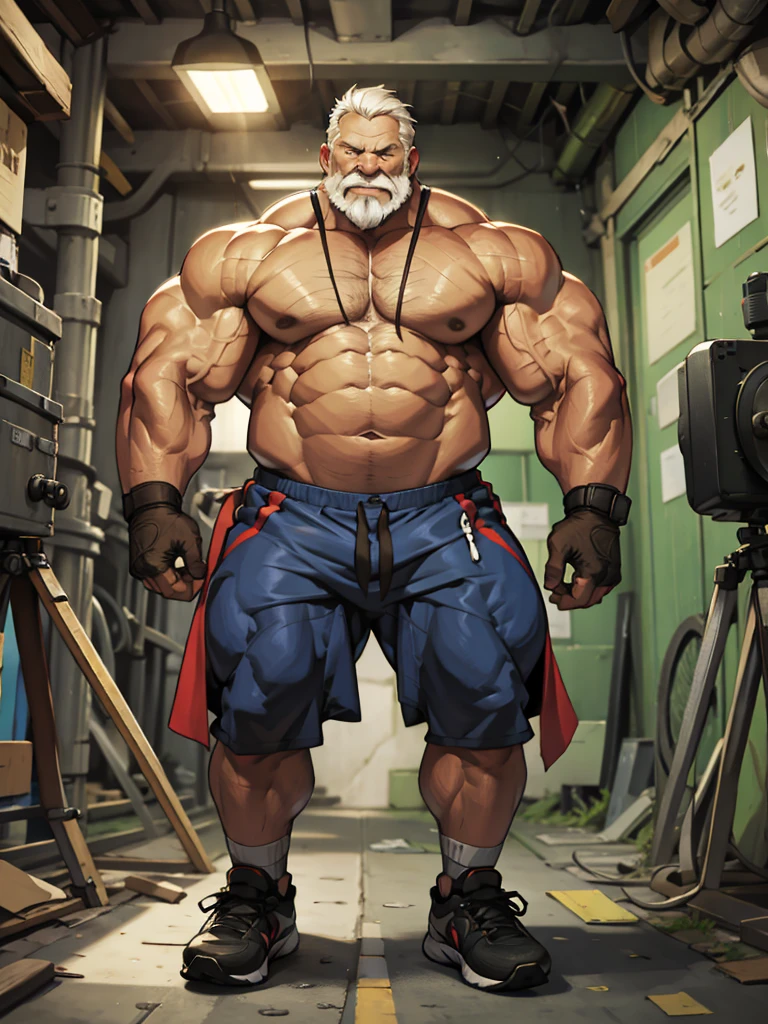 (best quality,4k,8k,highres,masterpiece:1.2),ultra-detailed,(realistic,photorealistic,photo-realistic:1.37),((massive muscular)) ((huge Muscular)) chubby old man standing in photo studio, simple background, flexing muscle, shorts and shoes, white hair, super thick arms, super big pectoral, super wide pectoral, topless, shirtless, cute face, cute expression