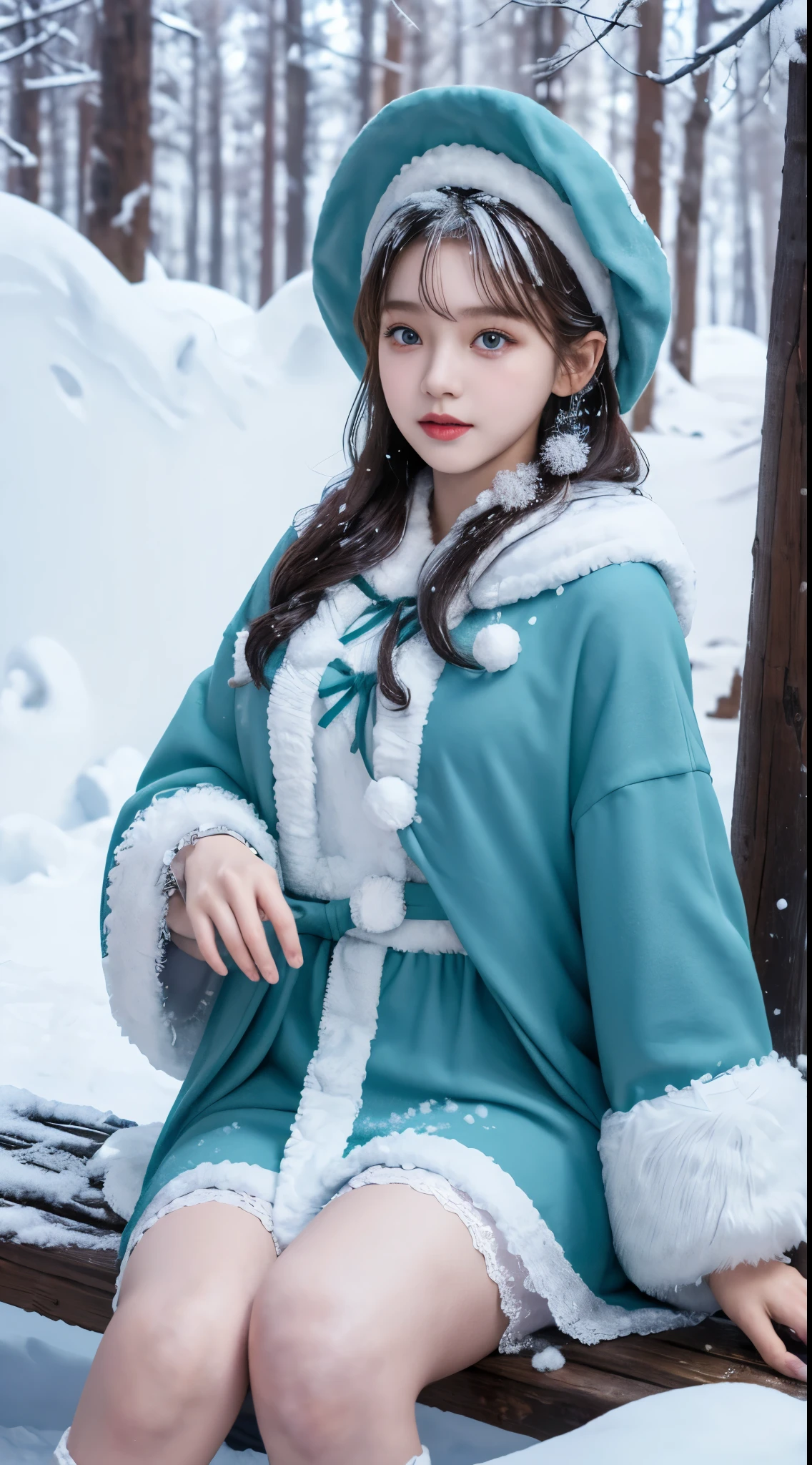 ( (8K:1.27), Best quality at best, tmasterpiece, ultra high resolution:1.2),1 girl,Turquoise pupils,Clear face, Sitting, Beautiful lolita costume,Cloak,(Snow, Outdoor activities in winter:1.2)