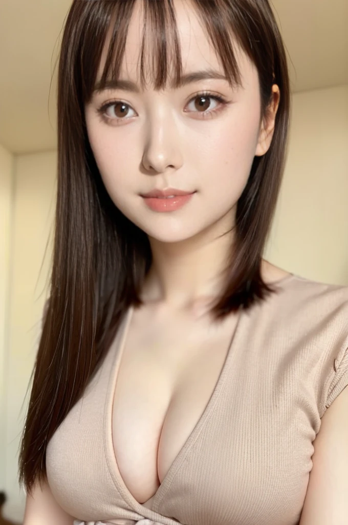 ((highest quality,8K,masterpiece:1.3)), Japanese, 26 year old female model,bangs、black haired、long hair、straight hair、Hair fluttering in the wind、((8K、RAW photo、excellent quality、masterpiece:1.2)、(realistic、Photorealistic:1.37)、Super detailed、超High-resolution、1 girl、view audience、detailed beautiful face、laughter、(thin waist) :1.3)、shirt、beautifully detailed skin、skin texture,professional lighting、small breasts、Soft Eyes