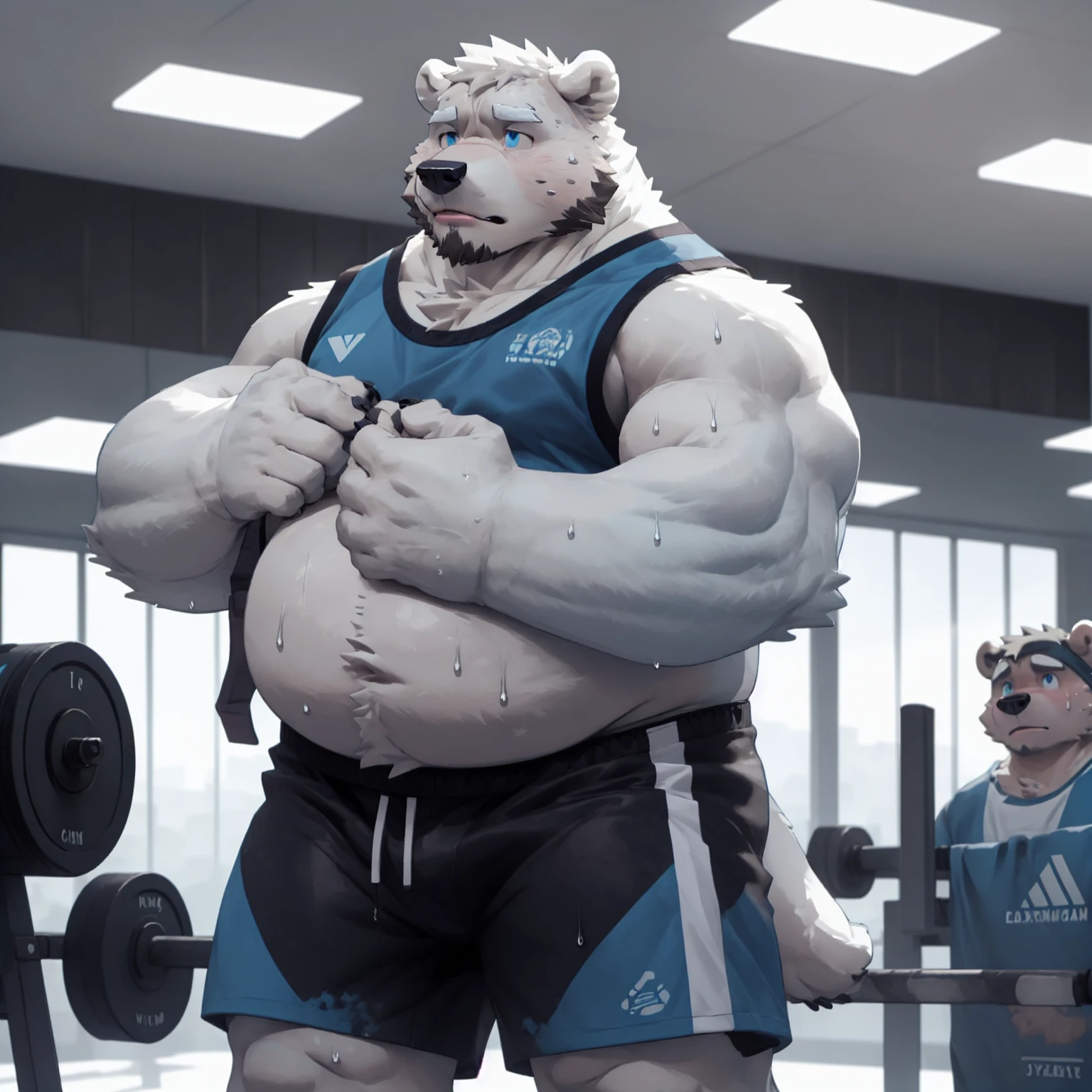 New Jersey 5 Hairy,polar bear，Full body portrait of an individual,exquisite， chubby，Fat，thick arms，Rugged muscles，Naked from the waist down，White plush fur，chubby脸，light blue eyebrows，sky blue eyes，beard，Soaked shorts，sweating，front，stand，Gym，in the room