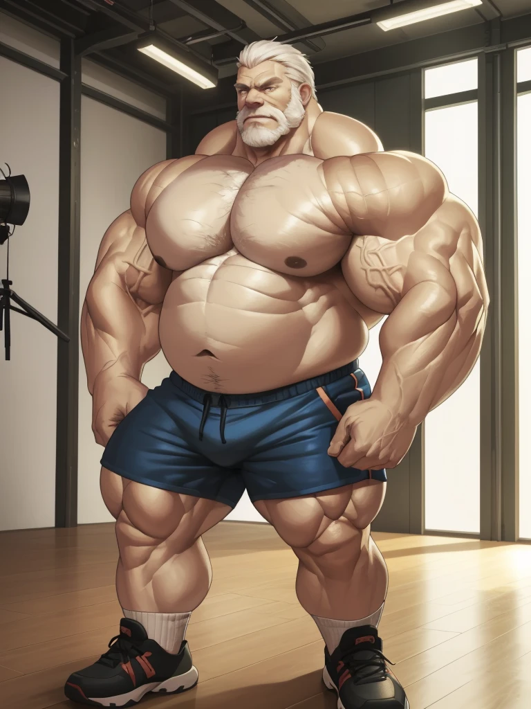 (best quality,4k,8k,highres,masterpiece:1.2),ultra-detailed,(realistic,photorealistic,photo-realistic:1.37),((massive muscular)) ((huge Muscular)) chubby old man standing in photo studio, simple background, flexing muscle, shorts and shoes, white hair, super thick arms, super big pectoral, super wide pectoral, topless, shirtless