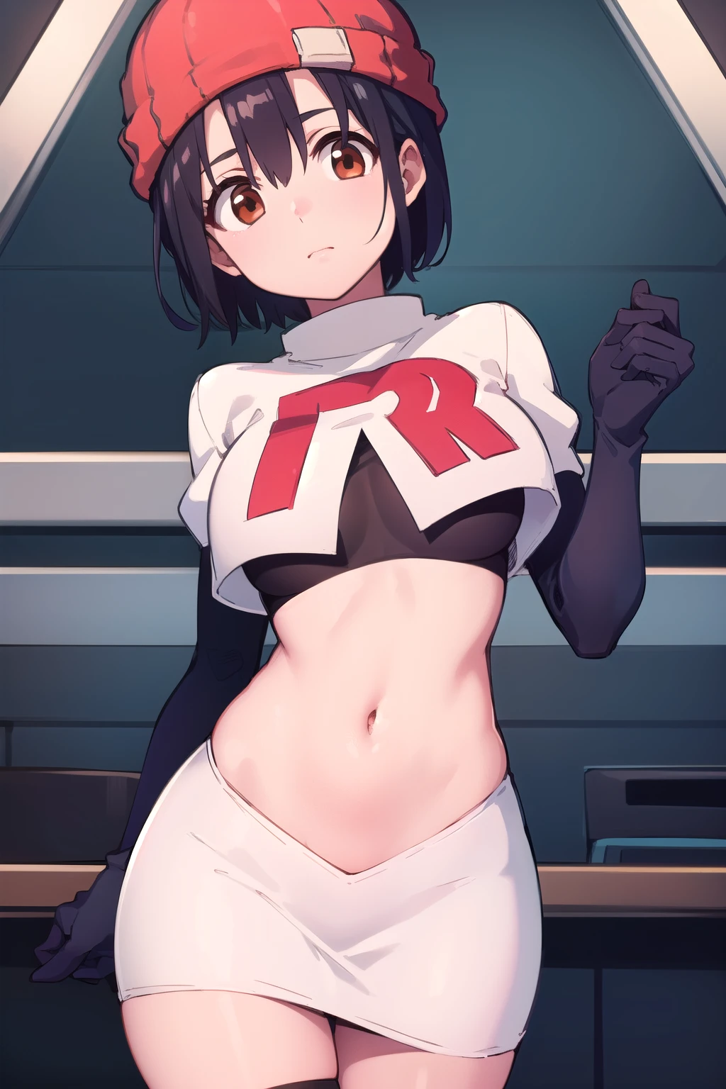 fuukoizumo, fuuko izumo, black hair, hair between eyes, (brown eyes:1.5), short hair,
BREAK team rocket,team rocket uniform, red letter R, white skirt,white crop top,black thigh-highs,black elbow gloves, beanie, (red beanie:1.2),
BREAK looking at viewer, (cowboy shot:1.5),
BREAK (masterpiece:1.2), best quality, high resolution, unity 8k wallpaper, (illustration:0.8), (beautiful detailed eyes:1.6), extremely detailed face, perfect lighting, extremely detailed CG, (perfect hands, perfect anatomy),