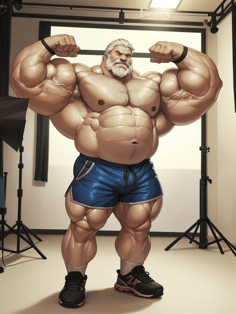 (best quality,4k,8k,highres,masterpiece:1.2),ultra-detailed,(realistic,photorealistic,photo-realistic:1.37),((massive muscular)) ((huge Muscular)) chubby old man standing in photo studio, simple background, flexing muscle, shorts and shoes, white hair, super thick arms, super big pectoral, super wide pectoral, topless, shirtless